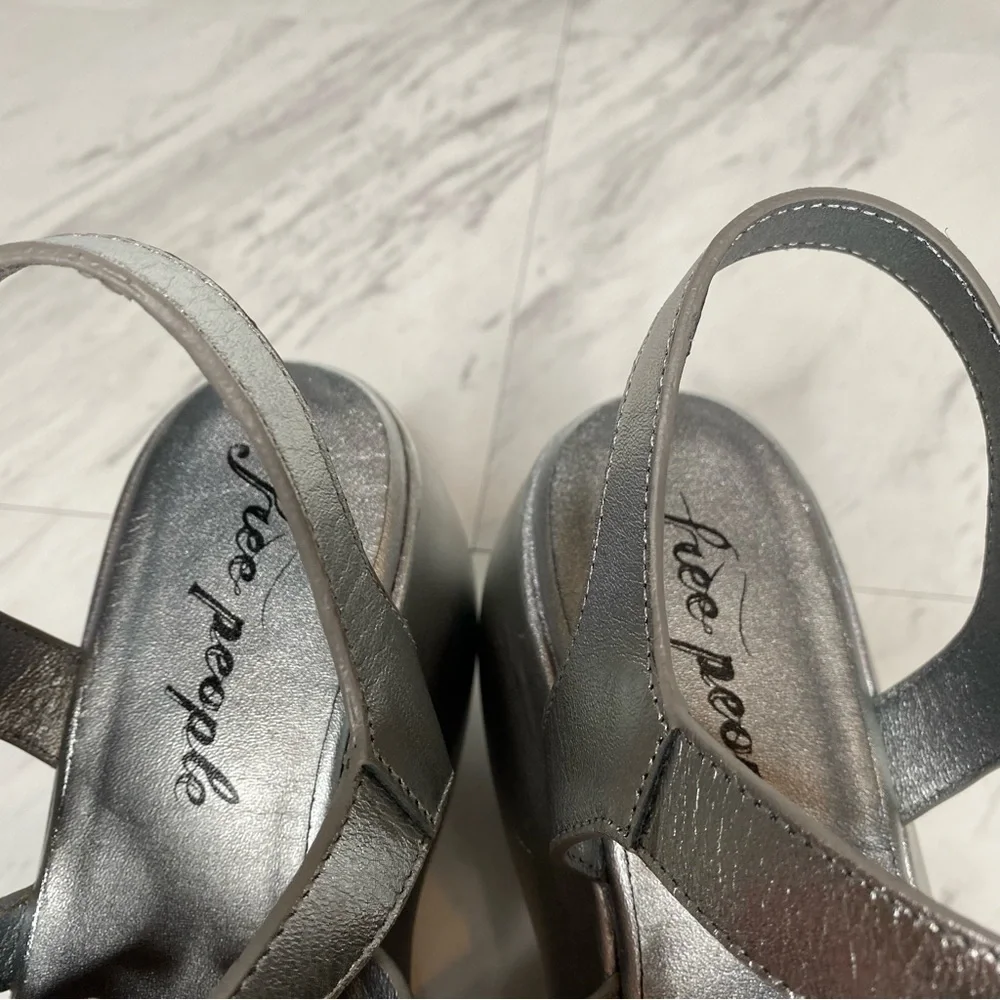 New! Free People Brooklyn Silver Leather Ankle Strap Sandal 9 1/2